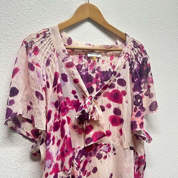 Calvin Klein Pink Floral Tie‎ Front Short Sleeve Semi Sheer Top Plus Size 3X - Picture 4 of 15